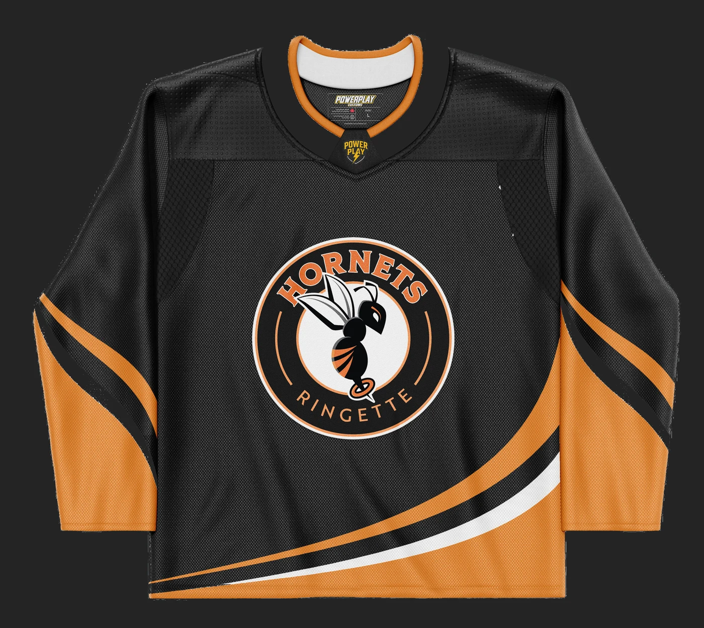 Hornets ringette home jersey in black with orange and white stripes, custom made by Powerplay Customs